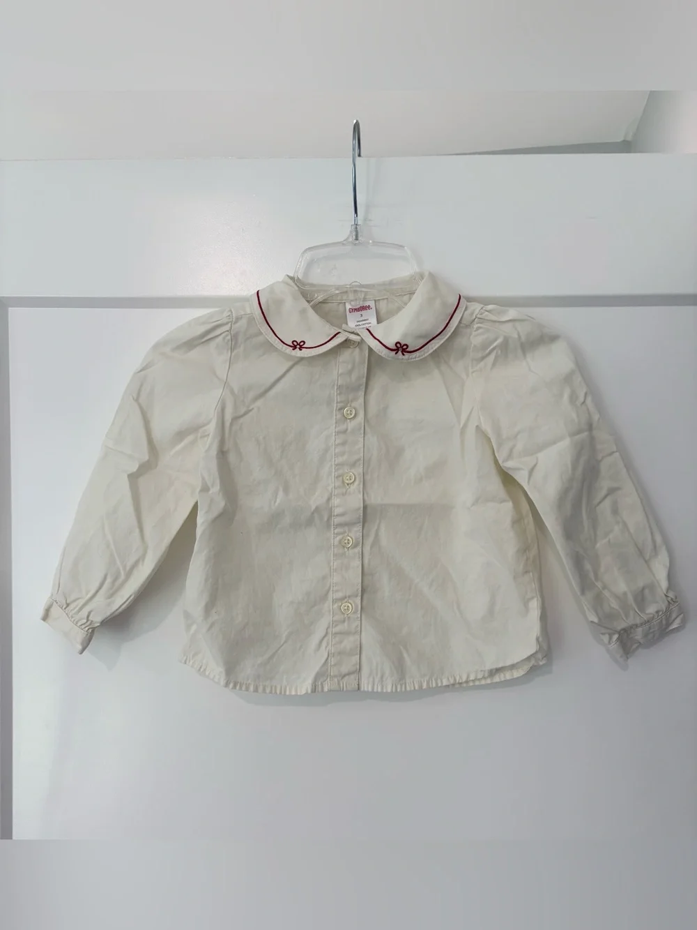 Gymboree Long sleeve Ivory Button up With Red bow embroidered collar 3t